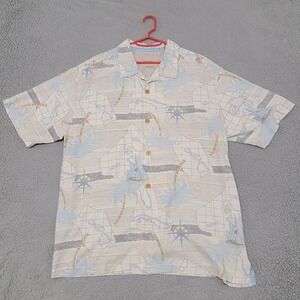 Tommy Bahama Shirt Mens XL Beige Silk Hawaii Map All Over Print Camp Loop Collar